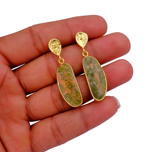 Genuine Unakite Gemstone <b>Cute</b> Bezel Setting Stud <b>Earrings</b> for Women 18K Gold Plated Brass Handmade Statement Jewelry - Product Image 4