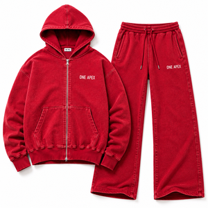 Ensemble de survêtement streetwear pour homme personnalisé, en coton épais, comprenant un sweat à capuche zippé oversize rouge délavé à l'acide - Product Image 6