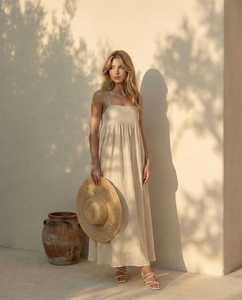 <b>Boho</b> Woven Eco-friendly V-neck Flared Hem Maxi Dress Women Spaghetti Strap Solid Color Loose Fit Summer Beach Wear 100% Linen - Product Image 1