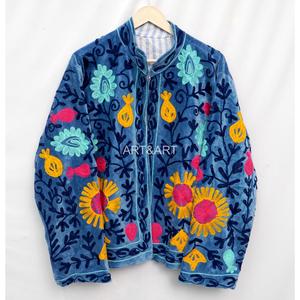 Blue Embroidered <b>Velvet</b> <b>Women's</b> Jacket Stand Mandarin Collar Floral Pattern Long Sleeve Autumn <b>Coat</b> - Product Image 4