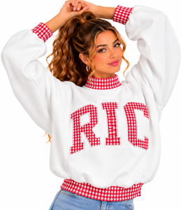 Sweat-shirts universitaires surdimensionnés personnalisés à col montant pour femmes, en tissu épais, à carreaux vichy et patchwork, prix de gros - Product Image 3
