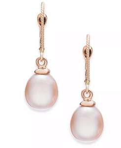 Orecchini pendenti rosa coltivati di perle d'acqua dolce (8-1/2mm) in oro rosa 14k | Macacy's - Product Image 1