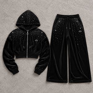Ensemble de vêtements de détente en velours scintillant pour femmes, inspiré des créateurs, avec sweat à capuche zippé personnalisé et pantalon coupe décontractée, orné de strass - Product Image 3