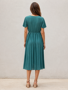 Robe de Cocktail Midi Solide de Qualité Supérieure pour Femme, Couleur Verte, Col Rond, Manches Courtes Volantées, Taille Élastique, Coupe Trapèze - Product Image 5