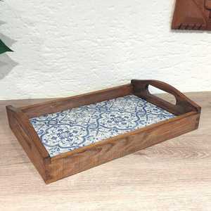 Plateau de rangement rectangulaire en bois, motif bleu et blanc, design classique, finition vernie, passe au lave-vaisselle, multifonctionnel pour la cuisine - Product Image 4