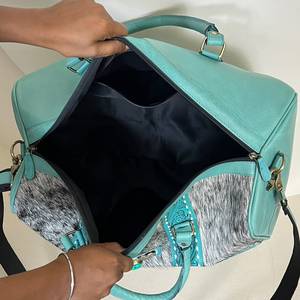 Vintage Hand Tooled Genuine Cowhide Leather Turquoise Duffel Bag & <b>Backpack</b> Set Unisex Travel Luggage Matching 2 Piece Bag Sets - Product Image 6