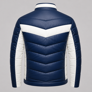 Veste d'hiver décontractée pour homme en cuir matelassé bleu et blanc avec blocs de couleur, col montant et fermeture éclair, coupe-vent - Product Image 4