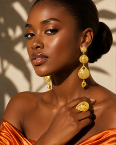 Pendientes de botón africanos de latón chapado en oro de 14 quilates con anillo ajustable |   Conjunto de Joyería Etíope Nigeriana - Product Image 3