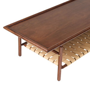 Mesa de Centro Moderna de Estilo Mid-Century, Fabricada en Madera de Teca Sólida con Estante de Almacenamiento de Cuero PU Tejido, Rectangular, para Sala de Estar - Product Image 5