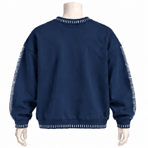 Mens <b>Navy</b> Blue Stitched Border Distressed Crewneck Sweatshirt Oversized Long Sleeve Pullover Vintage Streetwear Casual <b>Top</b> - Product Image 2