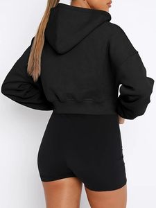 Sweat-shirt court à capuche zippé, couleur unie, manches longues, en mélange de coton tricoté, coupe oversize, décontracté, pour femme, haut d'automne - Product Image 3