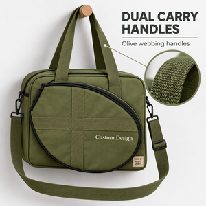 Sac de raquette de squash vert olive personnalisable avec poche zippée incurvée et bandoulière pour équipement - Product Image 4