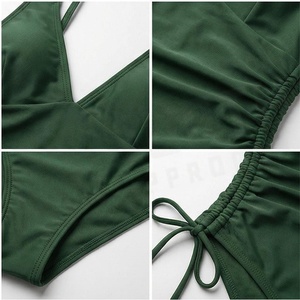 Women One Piece Swimsuit Deep V Neck Ruched Side Tie Halter Swimwear Solid Green Stretch Fabric - Product Image 4