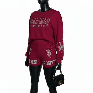 Ensemble T-shirt et short en coton pour femme, tissu extensible, strass, transfert thermique, logo personnalisé, 100% coton - Product Image 4