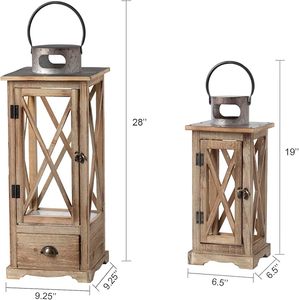 Rustic Wooden Candle <b>Lantern</b> <b>Set</b> Decorative Farmhouse <b>Lantern</b> with Glass Panels and Storage Drawer - Product Image 3