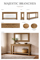 Table console de salon moderne en bois massif, branches majestueuses faites à la main, très demandée, avec cadre de miroir décoratif, disponible