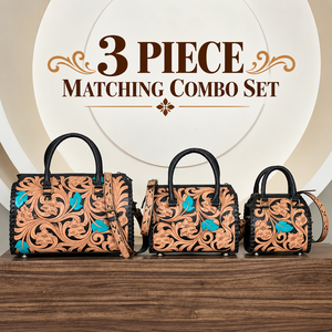 Ensemble de 3 sacs de voyage en cuir véritable entièrement travaillé, style western, avec fermeture éclair de luxe, pour les voyages d'une nuit. - Product Image 1