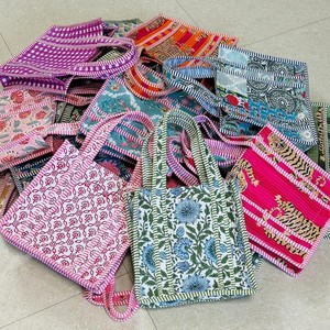 Handmade Women's Canvas <b>MIni</b> Tote Bag Quilted Cotton Design Eco-Friendly Zipper Boho Vintage Indian Made Lightweight - Product Image 3