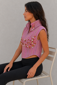 Top Corto Rosa con Cuentas para Mujer, Bordado a Mano, Escote en V Profundo, Cuello Abierto, Sin Mangas, Estilo Corsé, Ideal para Fiestas, Venta al por Mayor - Product Image 6