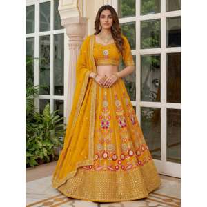 Alluring Yellow <b>Sequins</b> Georgette Wedding Lehenga Choli for Women - Product Image 1