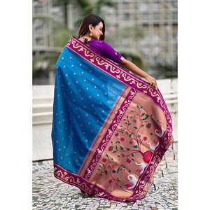 Sari en soie Paithani tissé Rama Blue Zari, vêtements indiens et pakistanais - Product Image 4