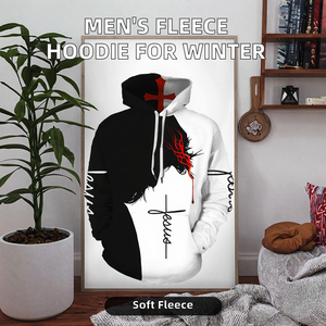 Sweat-shirt à capuche surdimensionné pour homme, imprimé par sublimation 3D personnalisé, motif chrétien Jésus, couleurs contrastées noir et blanc, croix. - Product Image 3