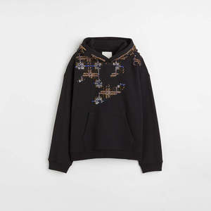 Sweat-shirt à capuche noir pour femme avec strass, manches longues, en coton tricoté, pour l'automne - Product Image 1