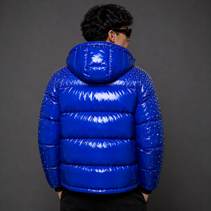 Custom Glossy Blue Puffer <b>Jacket</b> Rhinestone Street Style <b>Winter</b> Bubble Coat Oversized Warm Zip Up Fashion Outerwear - Product Image 6