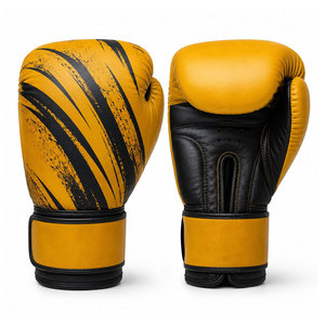 Guantes de boxeo profesionales de cuero con diseño de rayas amarillas y negras, cierre de cordones en la muñeca, para adultos, equipo de entrenamiento de boxeo - Product Image 1