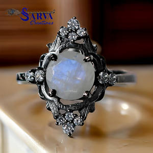 Bague en argent sterling 925 de style vintage avec pierre de lune naturelle ronde et accents de zircon cubique, bague de fiançailles pour femmes - Product Image 1