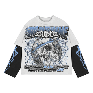 เสื้อยืดแขนยาวทรงโอเวอร์ไซส์สำหรับผู้ชาย ลายหัวกะโหลก สไตล์พังก์ แต่งขอบตัดกัน คอกลม ผ้าเจอร์ซีย์คอตตอน ราคาถูก รับผลิตแบบ OEM - Product Image 6