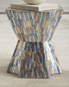 Tabourets à facettes en forme de sablier bleu beige à blocs verticaux, mosaïque artisanale en nacre, petite table d'appoint pour la décoration du salon et de la chambre - Product Image 1