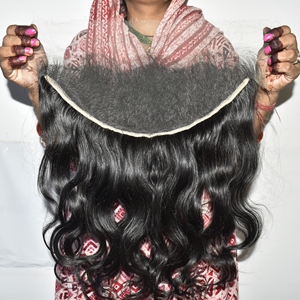 Extensiones de cabello humano virgen indio natural negro al por mayor, con frontal HD, ondulado, doble densidad, para tejer. - Product Image 6