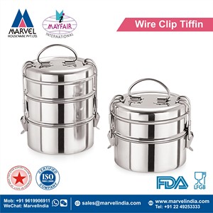 3-Tier Stainless Steel <b>Lunch</b> Tiffin <b>Box</b> with Carry Handle and Wire Clip Flip Top Food Storage Cover - Product Image 2