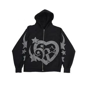 Oversize Acid Wash Hoodie Sudaderas con capucha de marca de alta calidad Zip Up Rhinestone Hoodie - Product Image 4