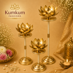 Support de Pooja en laiton à 3 niveaux, fait main, écologique, doré, en forme de Diya Urli, pour la décoration de la maison, des mariages et des festivals Diwali - Product Image 1