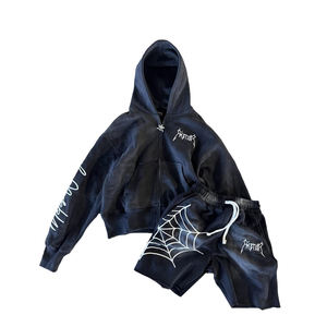Conjunto de sudadera con capucha y pantalones cortos para hombre, azul vintage, con cremallera, en tres colores, 100% algodón, tejido de felpa. - Product Image 3
