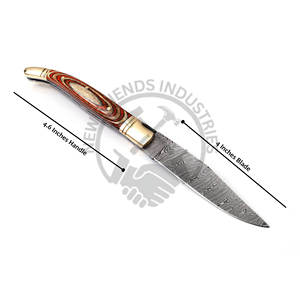 Couteau pliant haut de gamme en acier Damas avec étui en cuir, couteau de poche Laguiole de 8,5 pouces avec poignée en bois multicolore brun et bolster en laiton. - Product Image 4