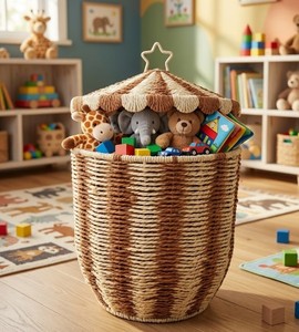 Handwoven Paper Material Kids Toy Storage <b>Basket</b> <b>with</b> <b>Lid</b> Striped Natural Woven Laundry Hamper, Nursery Storage Bin from Vietnam - Product Image 5