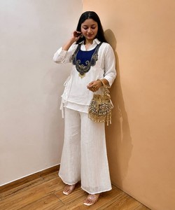 <b>White</b> Silk Vintage Quick Dry Kurta <b>Palazzo</b> Set Women Regular Fit Traditional Indian Pakistani Style Casual Ankle Length 86548 - Product Image 1