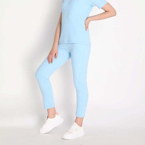 Women's 2 Piece <b>Knitted</b> <b>Set</b> Light Blue Crew Neck Short Sleeve Solid Color Casual Seasons Regular Fit Breathable Cotton Pants - Product Image 3