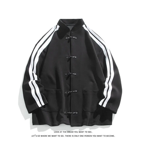 Camisa Chaqueta de Hombre Estilo Chino con Cuello Mandarín, Negra, de Poliéster, Corte Holgado, Otoño, Color Sólido, Botones Cubiertos, Manga Regular - Product Image 4