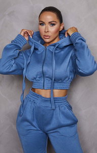 Best Quality Dusky Blue 2-Piece Women's Cropped Drawstring Closure Elasticated Winter Casual <b>Tracksuit</b> Set - Product Image 2