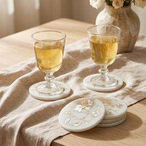 Round Stone <b>Coaster</b> Set Wabi-Sabi Design Floral Pattern Non-Slip Table Mat 6 mm Thickness Round Wabi-Sabi Design Natural <b>Coaster</b> - Product Image 1