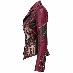 Burgundy <b>Black</b> <b>Women</b> Genuine Leather Biker Jacket Custom Chess Graphic Print Studded Revers Peak Lapel Outerwear Supplier - Product Image 4