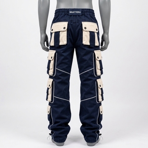 Pantalones Jogger Cargo Azul Marino para Hombre con Bolsillos en Contraste Beige, Cintura con Cordón, Estilo Urbano, Proveedor Mayorista OEM ODM Personalizado - Product Image 4
