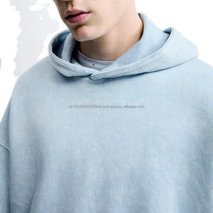 Sweat à capuche oversize en molleton bleu clair pour homme, coupe ample vintage, bord brut, motif DDP, épaules tombantes, hiver - Product Image 4