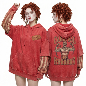 Sudadera con capucha de circo de terror roja desgastada personalizada para mujer, con gráfico de zombie, manga a rayas, ropa urbana al por mayor - Product Image 2