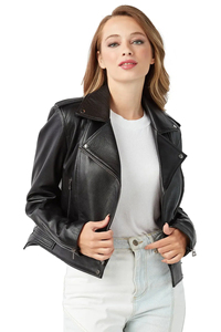 Chaqueta de cuero genuino para mujer, estilo motociclista, manga larga, cierre de cremallera, cuello extendido, para otoño, estilo urbano. - Product Image 6