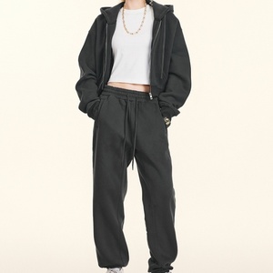 Women's Custom <b>Cropped</b> <b>Zip</b> <b>up</b> Tracksuit Set 100% Cotton French Terry Casual Sports Hoodie and Sweatpants Set - Product Image 2